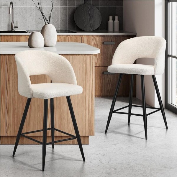 Oikiture 2x Bar Stools Kitchen Dining Chair Padded Chair Boucle White SURA