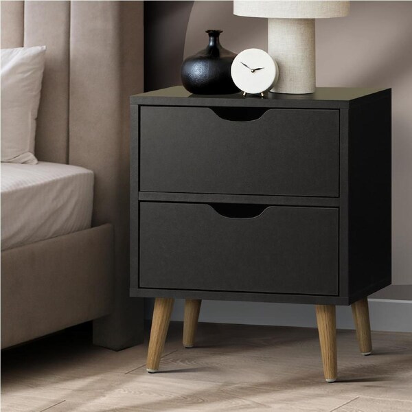 Oikiture Bedside Tables 2 Drawers Side Table White/Black/Wooden Black