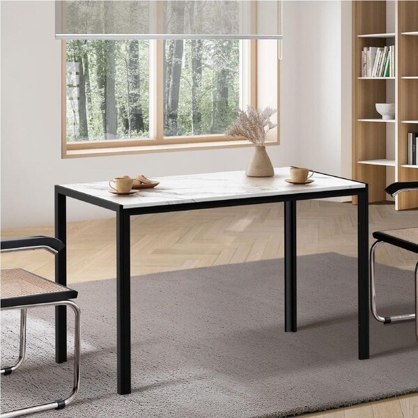 Oikiture 120cm Dining Table Rectangular Kitchen Table with Metal Leg White&Black