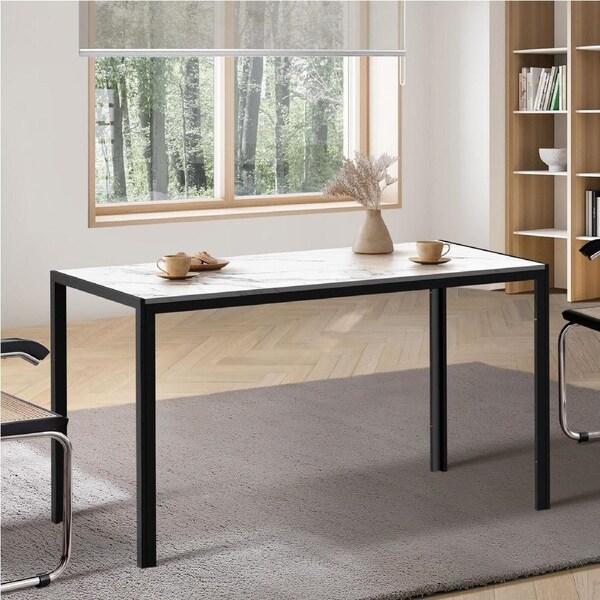 Oikiture 140cm Dining Table Rectangular Kitchen Table with Metal Leg White&Black