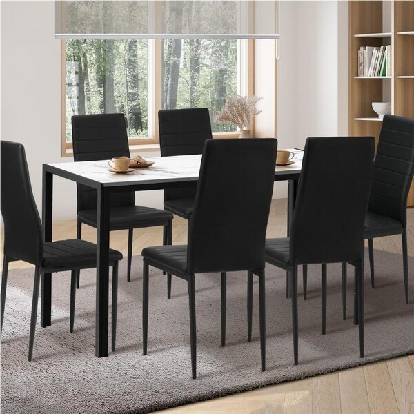 Oikiture 140cm Rectangle Dining Table with 6PCS Dining Chairs Marble White&Black