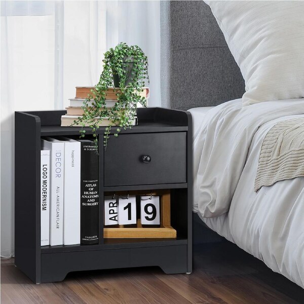Oikiture Bedside Tables Nightstand Storage Unit Black