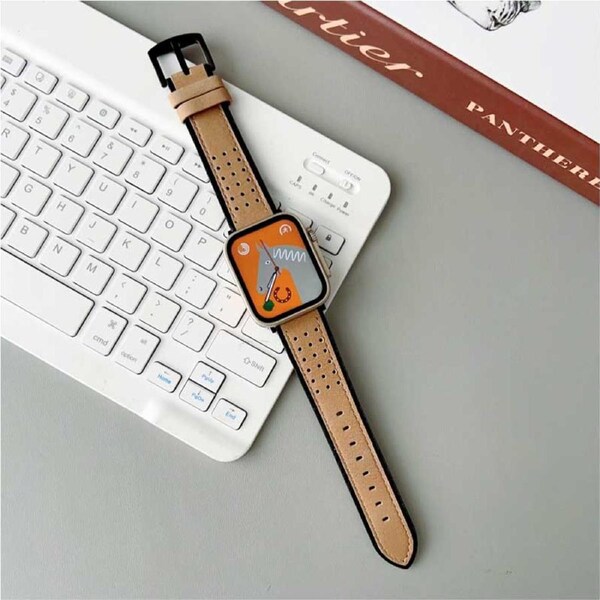 Nevenka Apple Watch Strap Oil Leather for iWatch Ultra Series 8 SE 7 6 5 4 3 2 1-Apricot 42/44/45/49mm