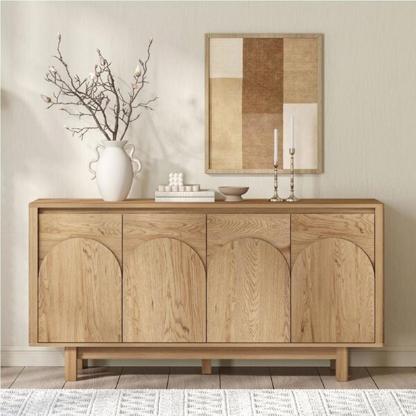 Byron Arched Oak Buffet Sideboard : 4-Door Credenza Cabinet