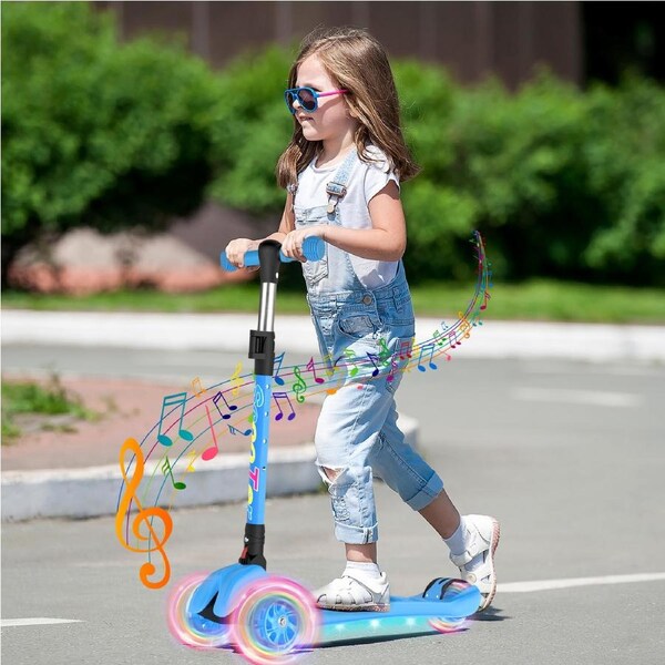 Advwin Kids Scooter Folding Kick Scooter w/ Light Up Wheel & Music 4 Adjustable Height for Ages 3-12 Blue