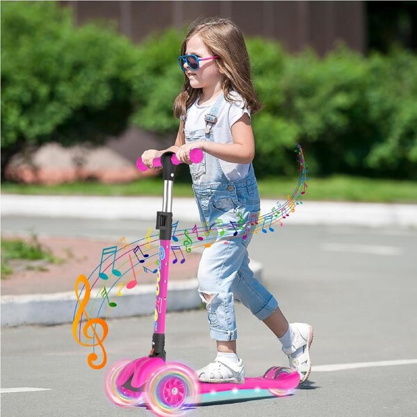 Advwin Kids Scooter Folding Kick Scooter w/ Light Up Wheel & Music 4 Adjustable Height for Ages 3-12 Pink