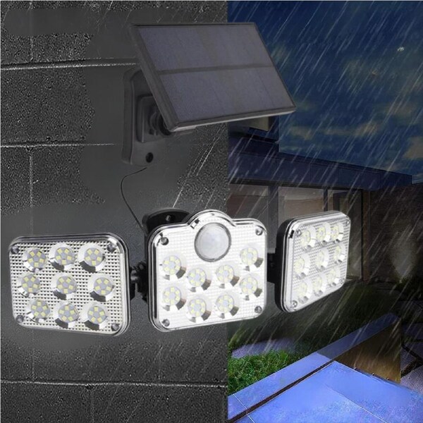 3 Head 138 Led Solar Powered Motion Sensor Light Outdoor Security Flood Lamp