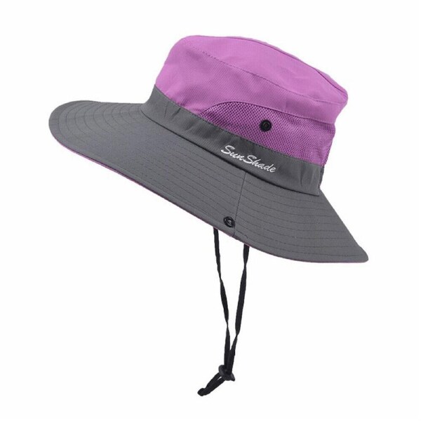 Hat Sun Protect Visor Summer Beach Cap Women Wide Brim Ponytail Anti UV Purple