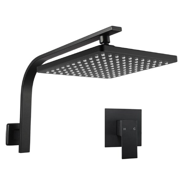 WELS Bath Square 10" ABS Large Shower Head Gooseneck Wall Arm With Tap Set Black