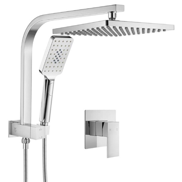 WELS 10" Rain Shower Head Set With Mixer Square 3-Mode Handheld Shower Chrome