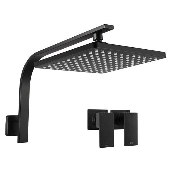 WELS Bath Square 10" ABS Large Shower Head Gooseneck Wall Arm With Taps Set Black