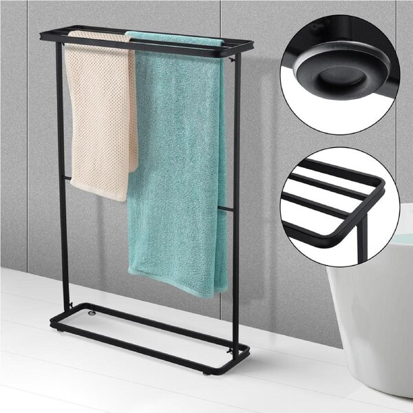 95CM 2-Tier Towel Rack Rail Freestanding Holder Bathroom Organizer Laundry Drying Bar Leveling Feet Black