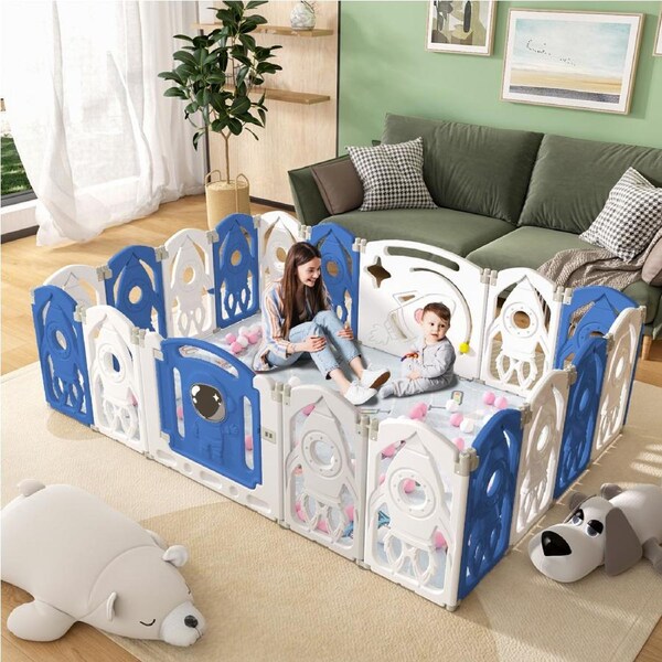 Advwin Baby PlayPen 18 Panels Foldable Toddlers Activity Safety Centre for Indoor Outdoor Blue