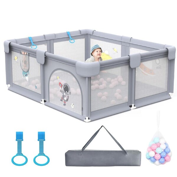 Advwin Large Baby Playpen 155x185cm Kids Activity Central Child Play Fence with Anti-Slip Base Light Grey