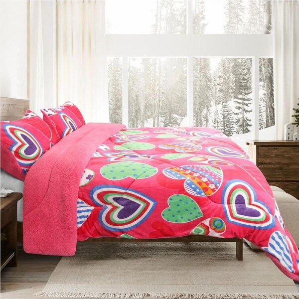 Ramesses Printed Sherpa Flannel Fleece Reversible Blanket Set Single/Double / Pink Heart