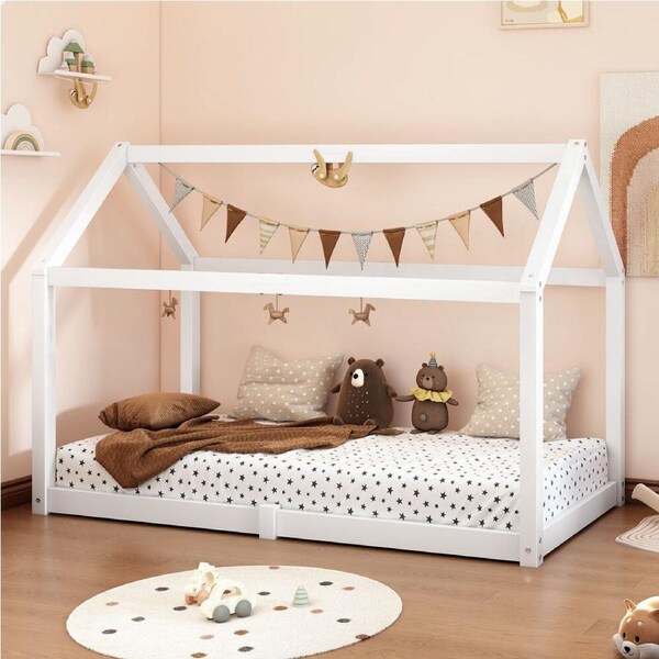 ALFORDSON Kids Bed Frame Wooden Timber Single House Frame Platform White