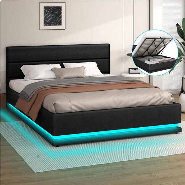 ALFORDSON Bed Frame Gas Lift Storage RGB LED Platform Charcoal - King Size
