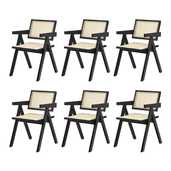 Oikiture 6x Dining Chairs Rattan Chair Wooden Accent Chair Black