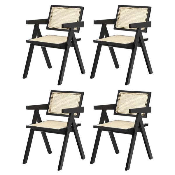 Oikiture 4x Dining Chairs Rattan Chair Wooden Accent Chair Black