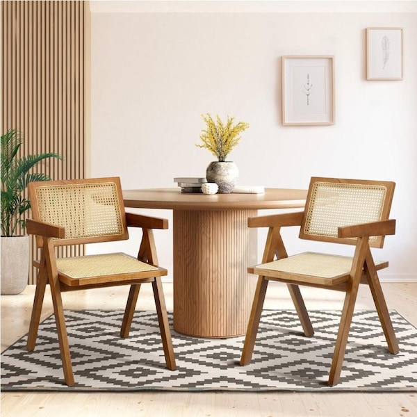Oikiture 2x Dining Chairs Rattan Chair Wooden Accent Chair Walnut