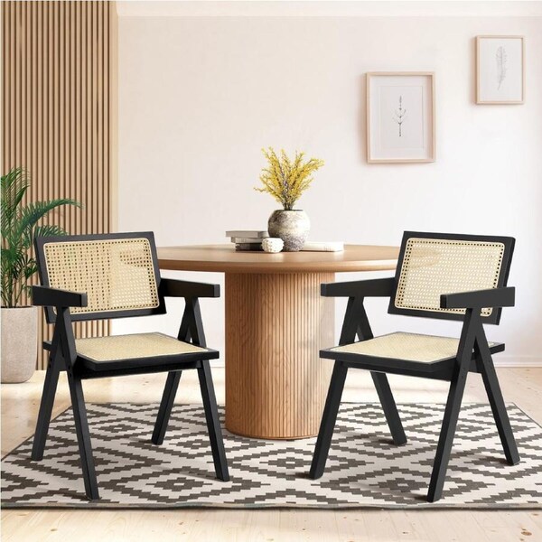 Oikiture 2x Dining Chairs Rattan Chair Wooden Accent Chair Black