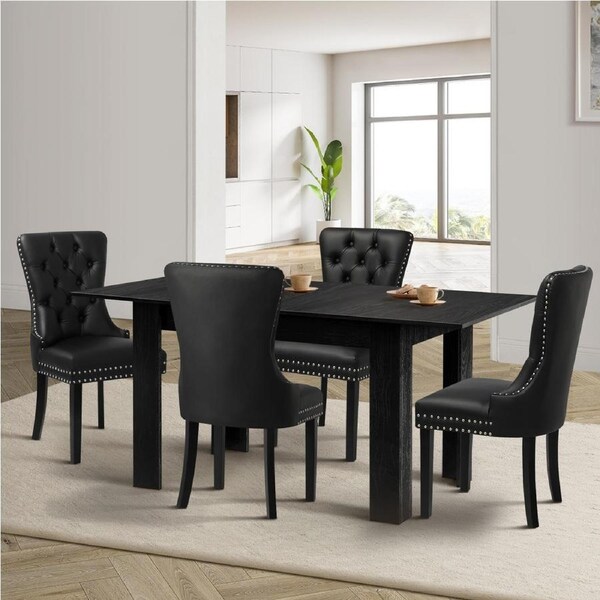 Oikiture 160cm Extendable Dining Table with 4PCS Dining Chairs PU Leather Black