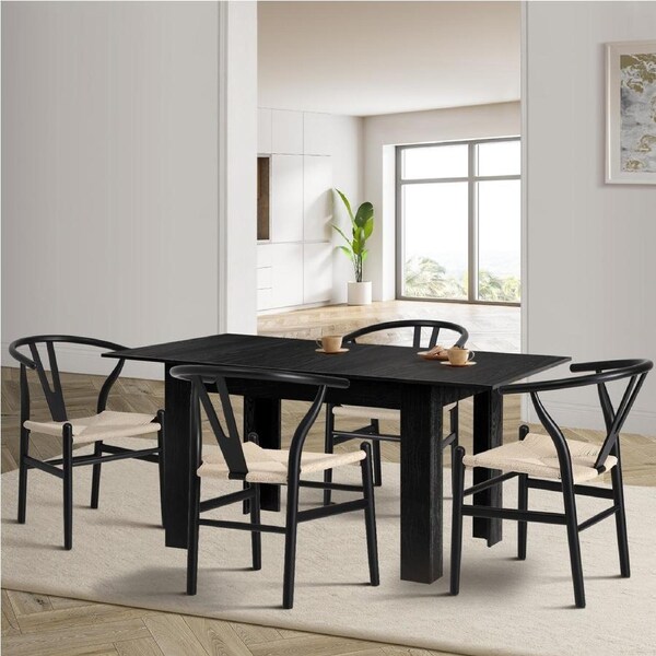 Oikiture 160cm Extendable Dining Table with 4x Hans Wegner Dining Chairs Black