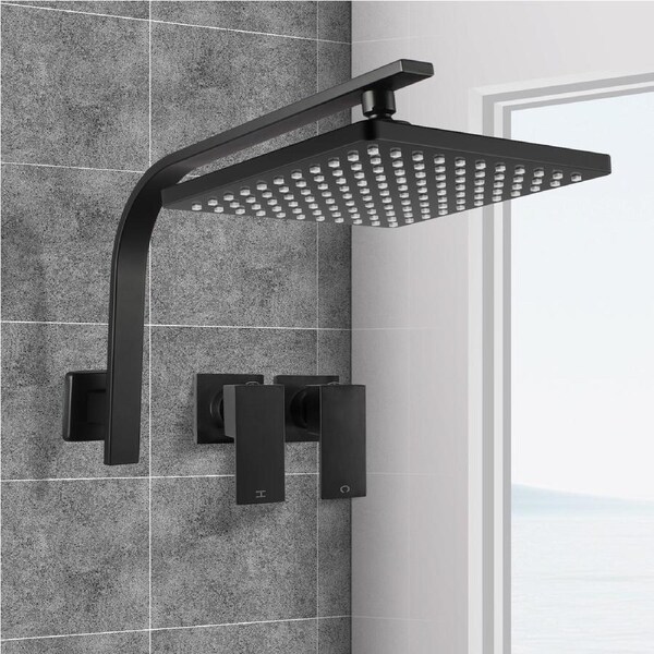 ACA Bathroom 10" 250mm Rain Shower Head Set With Twins Tap Gooseneck Wall Arm Black Square
