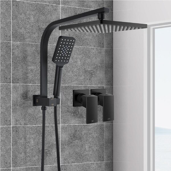 ACA 10" Square Shower Head With Twin Taps Set 3-Mode Handheld High Pressure Black