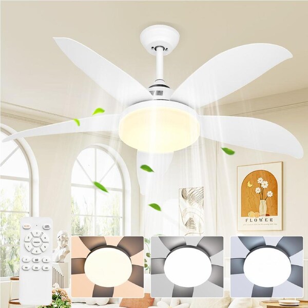 Advwin 52''Ceiling Fan, Indoor Ceiling Fans with 3-Color Light & Remote Control 6 Speed, Cooling Fans with 5 Quiet DC Reversible Blades for Bedroom, Living Room, Dining Room - White