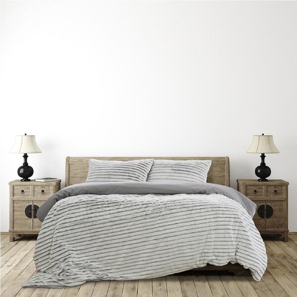 Ardor Boudior Bed Striped Faux Fur Pillowcase Quilt Cover Set Grey Double