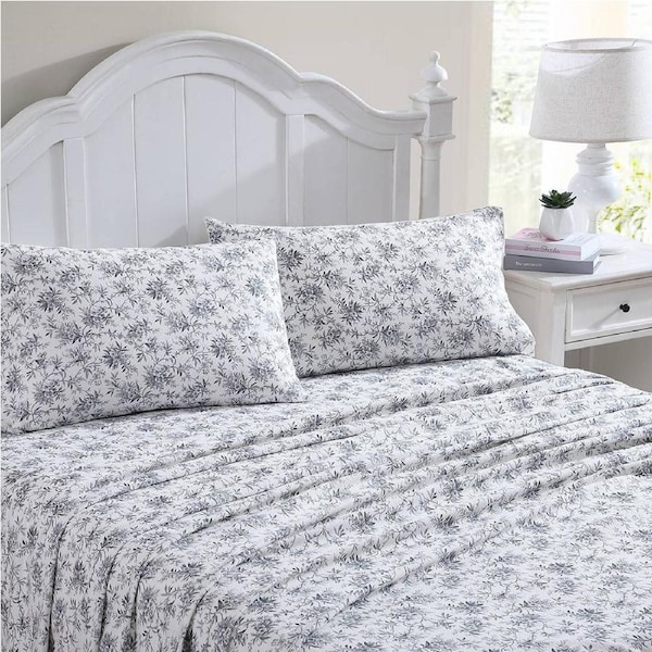 Laura Ashley Bed Faye Toile Flannelette Sheet Set w/Pillowcases Black King