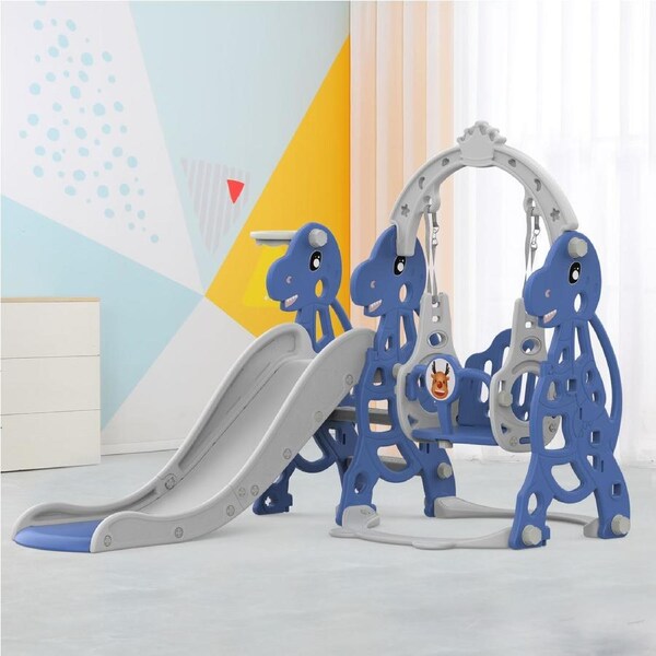Advwin 4 in 1 Kids Slide Swing Set with Basketball Hoop Outdoor Indoor Toddler Playground Blue