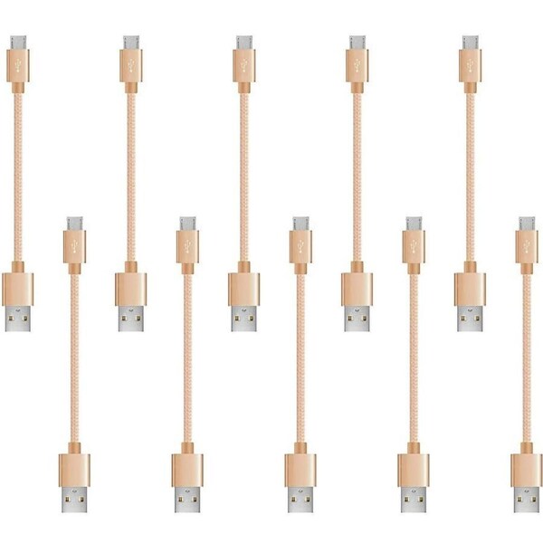10 Pack 20cm Short Data Transfer Charger Charging Micro USB Cable Cord for Android Phone Device Tablet Bulk Braided Gold Nylon
