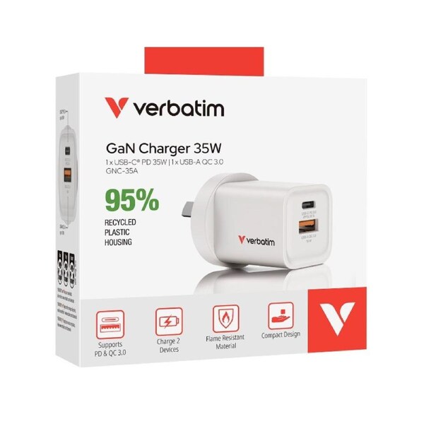 Verbatim 2 Port 35 Watt Portable GaN charger, 1 x USB-C PD 35w, 1x USB-A QC 3.0,