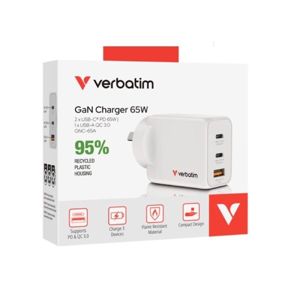 Verbatim 3 Port 65 Watt Portable GaN charger, 2 x USB-C PD 65w, 1x USB-A QC 3.0, GNC-65A Compact Design Apple, Android, Samsung, Google, Huawei, Oppo,