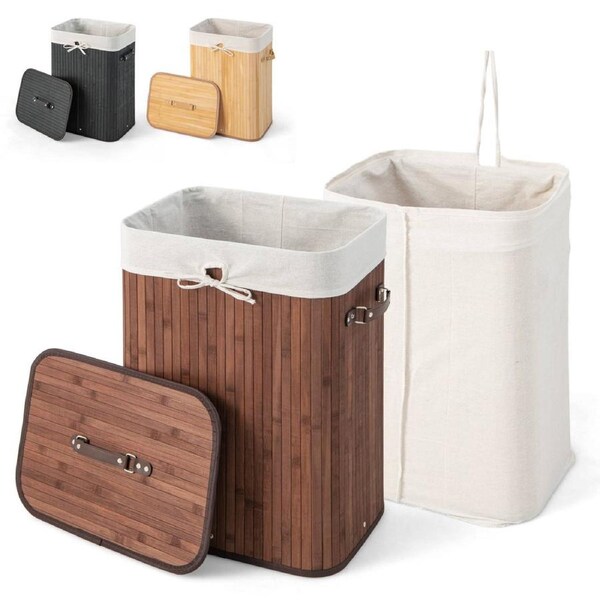 Giantex 72L Clothes Storage Bin Bamboo Laundry Hamper Collapsible Basket Brown