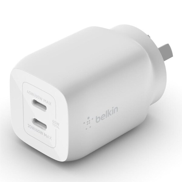Belkin BoostCharge Pro Dual USB-C GaN Wall/Laptop Charger with PPS 65W - White(WCH013auWH),1*USB-C(45/65W),1*USB-C (20/65W), Compact, 2 Years Warranty WCH013auWH