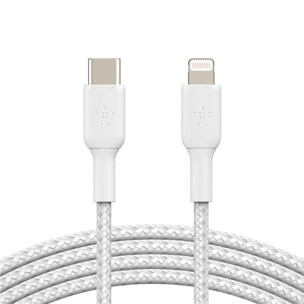 Belkin BoostCharge Braided Lightning to USB-C Cable (2m/6.6ft) - White (CAA004bt2MWH), 30W, 480Mbps, Apple iPhone / iPad / Macbook, 2YR