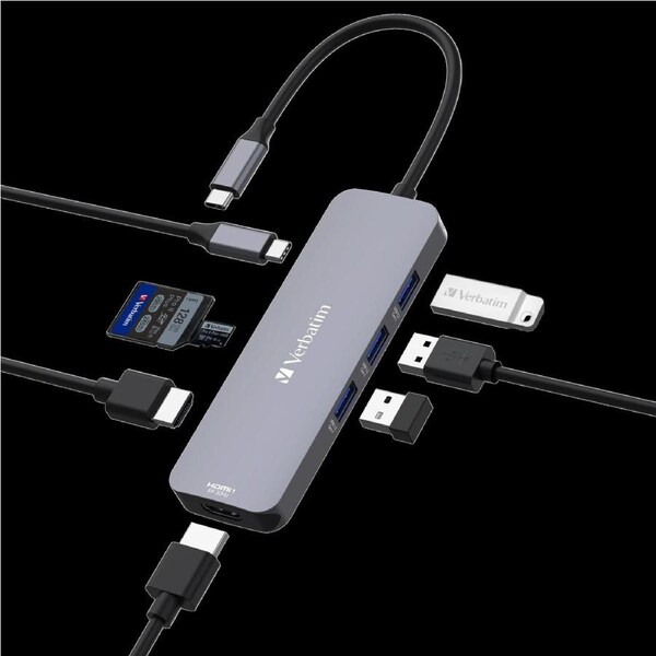 Verbatim USB-C Pro Multiport Hub 8 Ports,2 x HDMI, 3 x USB-A 3.2 Gen1, 1 x SD card slot, 1 x microSD card slot, 1 x USB-C PD