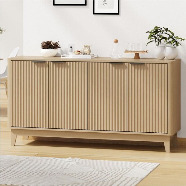Oikiture Buffet Sideboard Storage Cabinet 4 Doors Cupboard Hallway Table Natural