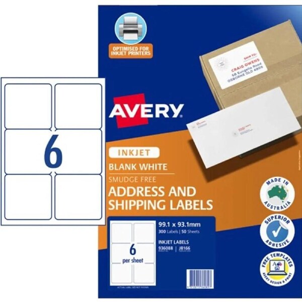 Avery 936088 J8166 Shipping Labels Inkjet 6UP White Pack 50 Sheets