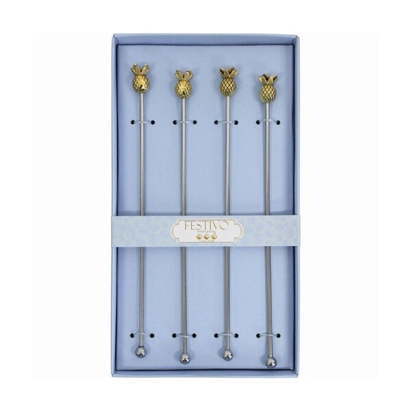 4pc Metal 22cm Cocktail Stirrer Pineapple Mixing Bar Spoon Stick Set Silver/Gold