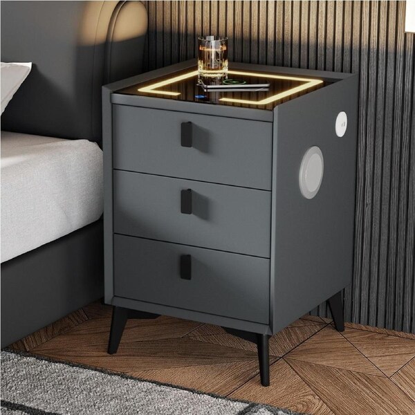 Oikiture Set of 2 Smart Bedside Tables Wireless Charging LED Lights 3 Drawers