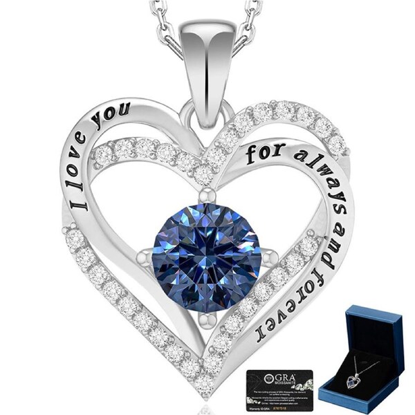 Catzon Moissanite Necklace for Women Heart Pendant Blue Diamond S925 Sterling Silver Jewelry Anniversary Present for Wife Mom Girlfriend