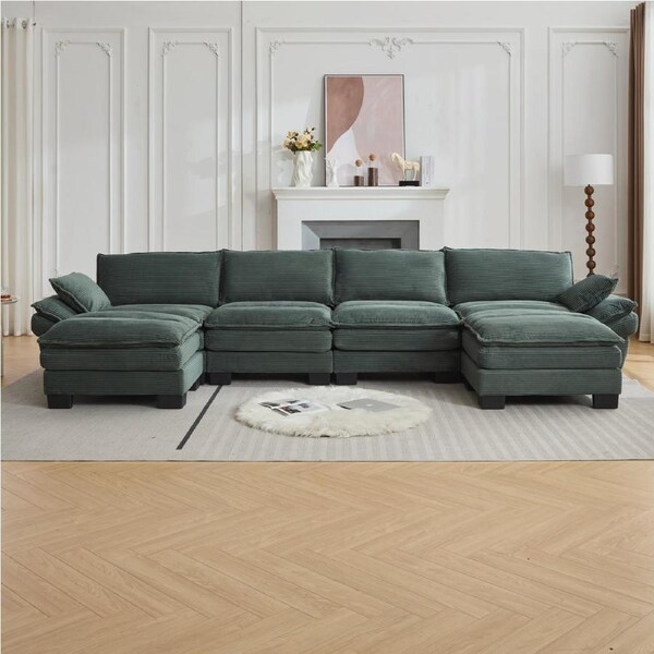 HOMFURN 5 Seater Modular Sectional Sofa, Convertible Sofa Couch Modular Sectional with Ottoman, Green