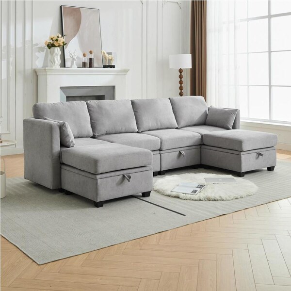 HOMFURN 4 Seater Modular Sectional Sofa with Storage, U Shaped Sectional Couch for Living Room, Convertible Modular Sofa Couch with Ottomans, Grey