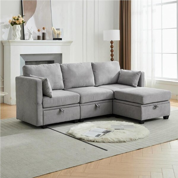 HOMFURN 3 Seater Modular Sectional Sofa with Storage, L Shaped Sectional Couch for Living Room, Convertible Modular Sofa Couch with Ottomans, Grey