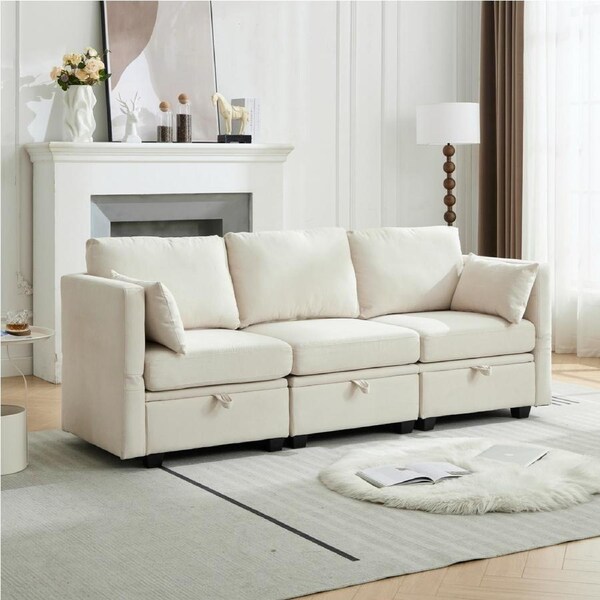 HOMFURN Modular Sectional Sofa with Storage, 3 Seater Sectional Couch for Living Room, Convertible Modular Sofa Couch, Beige