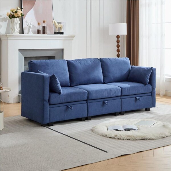 HOMFURN Modular Sectional Sofa with Storage, 3 Seater Sectional Couch for Living Room, Convertible Modular Sofa Couch, Blue